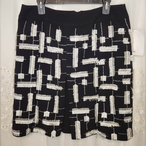 NWT Per Se Wool Skirt Fringe Lined Sz 10 Black White/Ivory Embroidery Split
